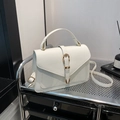 White lychee leather small square handbag with gold buckle and adjustable strap - White