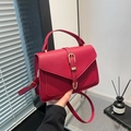 Red lychee texture leather handbag with gold buckle and crossbody strap for women - Red