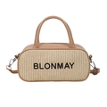 Borsa a mano intrecciata beige con finiture in pelle marrone e tracolla rimovibile - Cachi