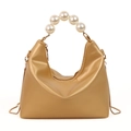 Sac à main élégant or champagne avec poignée en perles, bandoulière chaîne et cuir brillant - Doré