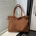 Caramel brown tote bag for women with side drawstrings and secure metal snap closure - No Pendant / Brown