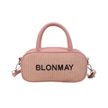 Borsa a bauletto in tessuto rosa con lettere ricamate e dettagli in ecopelle vista frontale - Rosa