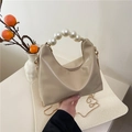 Elegant cream shoulder bag with large faux pearl handle and gold chain strap - Khaki