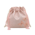 Pink butterfly lace bucket bag with pearl chain strap and drawstring closure for women - Pink