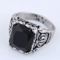 Macro shot of vintage silver ring with large square black gemstone and ornate carvings - Square Black Gemstone (019022022)
