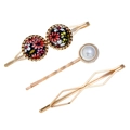 Three-piece hair clip set with floral buttons, faux pearls and golden geometric pin - Black Multicolor (0190508102)
