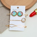 Set of 3 gold alloy hair clips featuring floral disks, pearls, and geometric lines - Blue (0190508105)