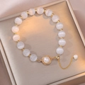 Bracciale con occhio di gatto e perle d'acqua dolce con ciondolo a nido dorato - Braccialetto di Perle Occhio di Gatto Bianco (TS0442)