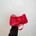 Modische knallrote Baguette-Schultertasche aus Kunstleder mit goldener quadratischer Schnalle - Rot