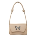 Bolso baguette beige chic con lazo metálico plateado y correa de hombro con nudos - Caqui