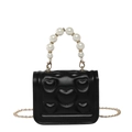 Chic black mini square bag with heart quilting and elegant pearl bead top handle - Black