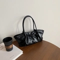 Elegante borsa tote in pelle PU nera con fiocco e design plissettato retrò - Nero