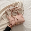 Pink lychee texture leather bucket bag with dog pendant and gold metal hardware detail - With Dog Charm / Pink