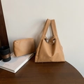 Ensemble cabas en cuir marron chameau avec texture grainée et pochette assortie - Ensemble de 2 pièces (Cabas + Pochette intérieure) / Kaki