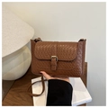 Close-up of brown woven texture and vintage gold buckle on a stylish square shoulder bag - Diamond Woven / Tan