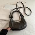 Fashionable black hobo crescent shoulder bag with white printed letters and round knots - Black