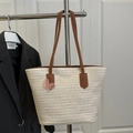 French style woven tote bag in cream white with brown leather straps and butterfly charm - White