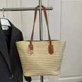 Beige straw tote bag with brown handles and a pink sequin butterfly charm detail - Khaki