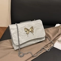 Silver wrinkled leather butterfly shoulder bag with metallic chain and gold clasp - Silver