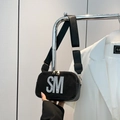 Black rectangular crossbody bag with rhinestone SM letters and wide strap - Black