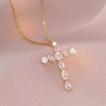 Elegant gold-plated titanium cross necklace with marquise and round zircon crystals - X1275 Cross Necklace