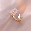 Adjustable gold flower and butterfly ring with a purple daisy and white zircon - Rotating Daisy Butterfly Ring (J0125)
