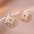Sparkling square zircon stud earrings with gold plating on champagne silk background - Square Cluster Stud Earrings(E0918)
