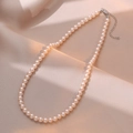 French style pearl necklace with crystal beads on elegant champagne silk background - 6MM (X3240) / Pink