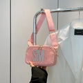 Pink suede crossbody camera bag with sparkling rhinestone SM lettering and wide strap - Pink