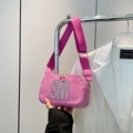Pink faux suede camera bag with rhinestone SM initials and wide nylon shoulder strap - Rose Red