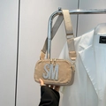Beige crossbody square bag with rhinestone SM letter and adjustable wide strap - Khaki