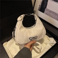 Creamy white hobo bag with marble pattern and silver metal bow decoration - Khaki