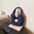 Navy denim handbag featuring heart patterns and white bow prints with a bear patch - Dark Blue