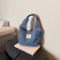 Blue denim handbag with white bows, heart patterns, and cute cartoon bear patch - Light Blue