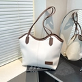 Minimalist cream tote bag with contrast brown trim and double shoulder straps - Off White
