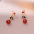 Pendientes chinos vintage con esmalte cloisonné y cuentas de ágata roja natural - Estilo Nube (E0941)