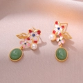 Elegant gold earrings with white enamel flowers, pearls and green gemstone pendants - Vintage Flower Dangle Style (E0949)