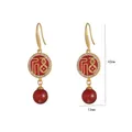 Vintage red enamel earrings with gold Fu character, crystal inlay and agate beads - Red Chinese Style (E0954)