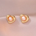 Elegant gold heart earrings with natural freshwater pearls on pink silk background - Light Pink Freshwater Pearl (E0970)