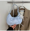 Light blue faux suede hobo bag with a bow and elegant pearl lace pendant - Blue with Charm