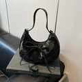 Chic black crescent hobo bag with vintage gold splash texture and bow detail - Black without Pendant