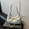 Silver satin crescent dumpling bag with bow detail and adjustable shoulder strap - Silver