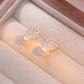 Elegant gold-plated S925 silver stud earrings with micro-pave zircon and round pearls - Gold Pearl Style (E0697)