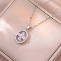 Silver clover necklace with oval pendant encrusted with sparkling cubic zirconia stones - Silver Oval Flower Pendant Necklace (X3402)