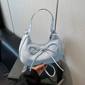 Light blue crescent handbag with bow decoration made of premium matte suede leather - Blue Without Charm