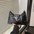 Retro black leather underarm bag with large silver star hardware and adjustable strap - Black