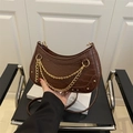 Dark brown crocodile pattern hobo bag with gold double chain and adjustable strap - Brown