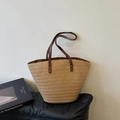 Handwoven straw tote bag with brown leather straps for a French vintage summer beach look - Simple Style / Khaki
