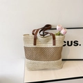 Bolso capazo de playa en paja con rayas marrones de contraste y correas de cuero - Blanco Arroz (Sin Colgante)