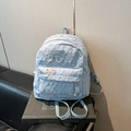 Quilted light blue backpack with bow decorations and large capacity for school students - No Pendant / Large / Blue